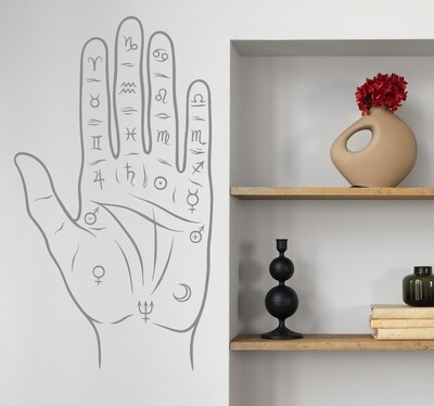 Palmistry Hand Decal, Chiromancy Palm Sticker, Zodiac Decal, Yoga Studio Decor, Hamsa Hand n034 - image3